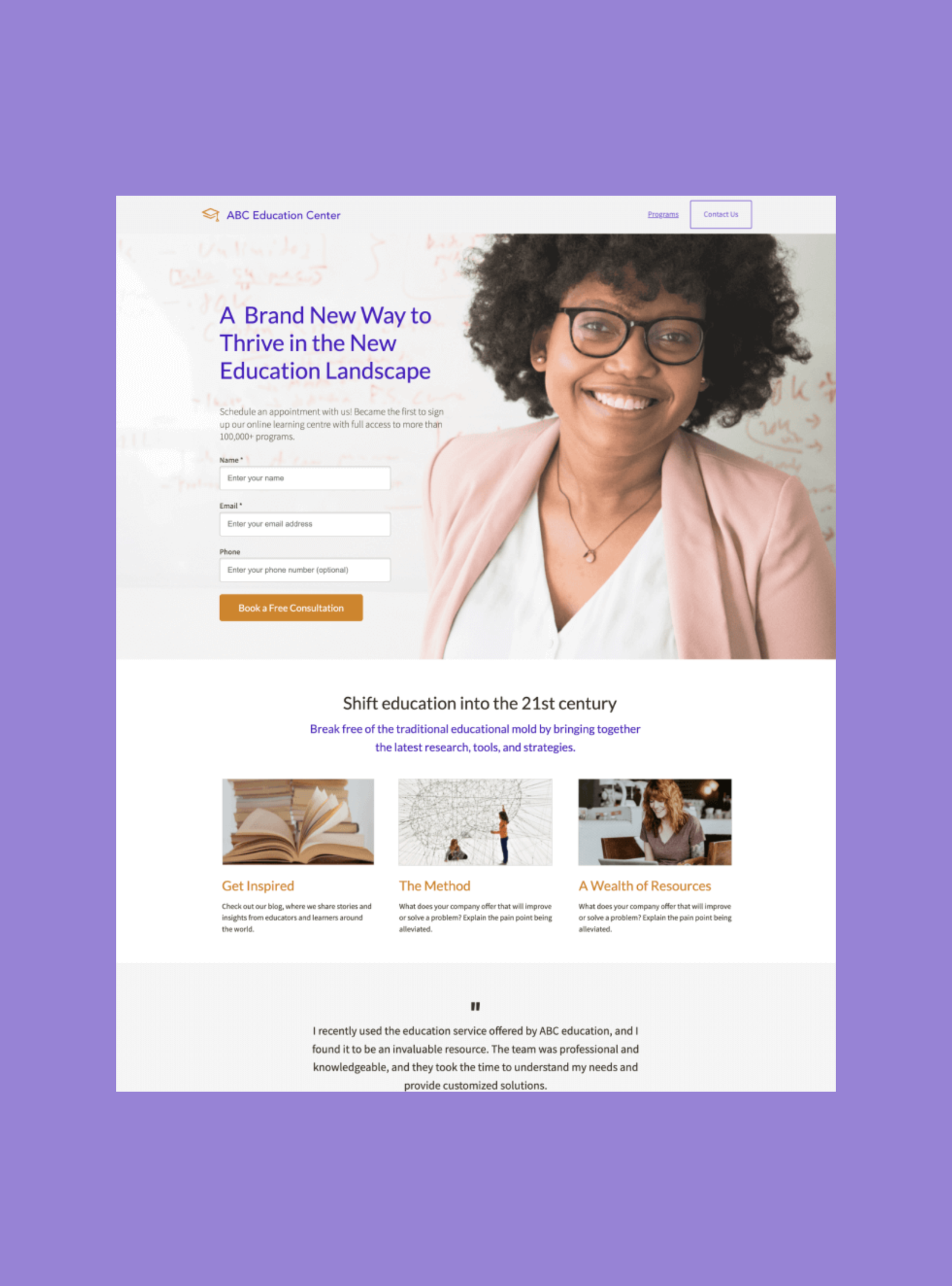 ABC Education Center landing page featuring a smiling woman, a consultation form, and sections highlighting inspiration, methods, and resources for modern education.