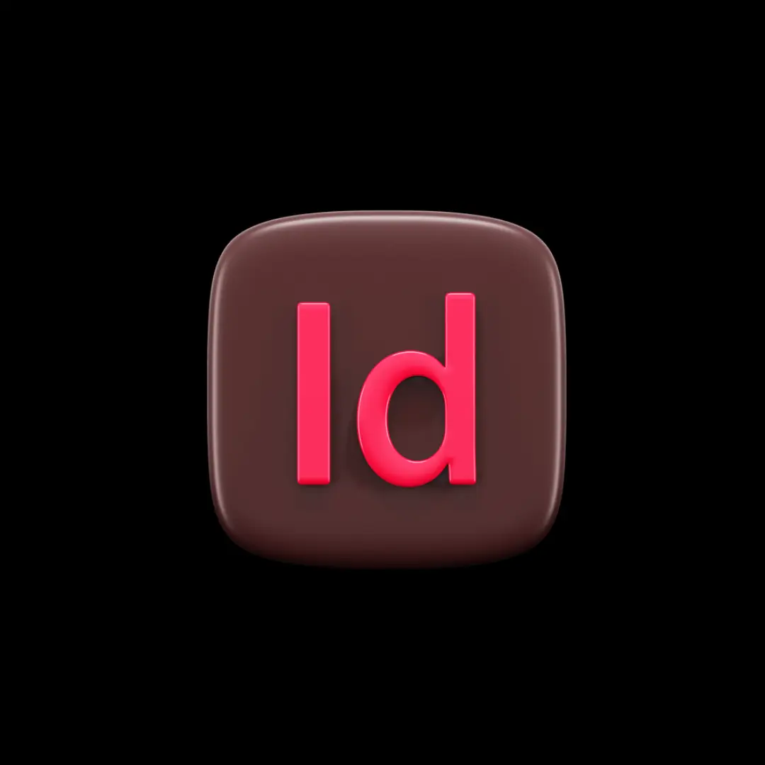 3D Adobe InDesign logo icon with pink "Id" text on a dark brown rounded square background.