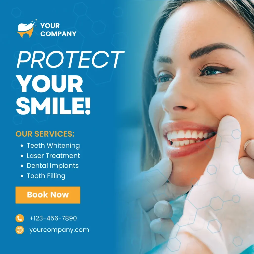 Dental clinic promotion showing a smiling woman with a dentist examining her teeth, promoting smile protection services.