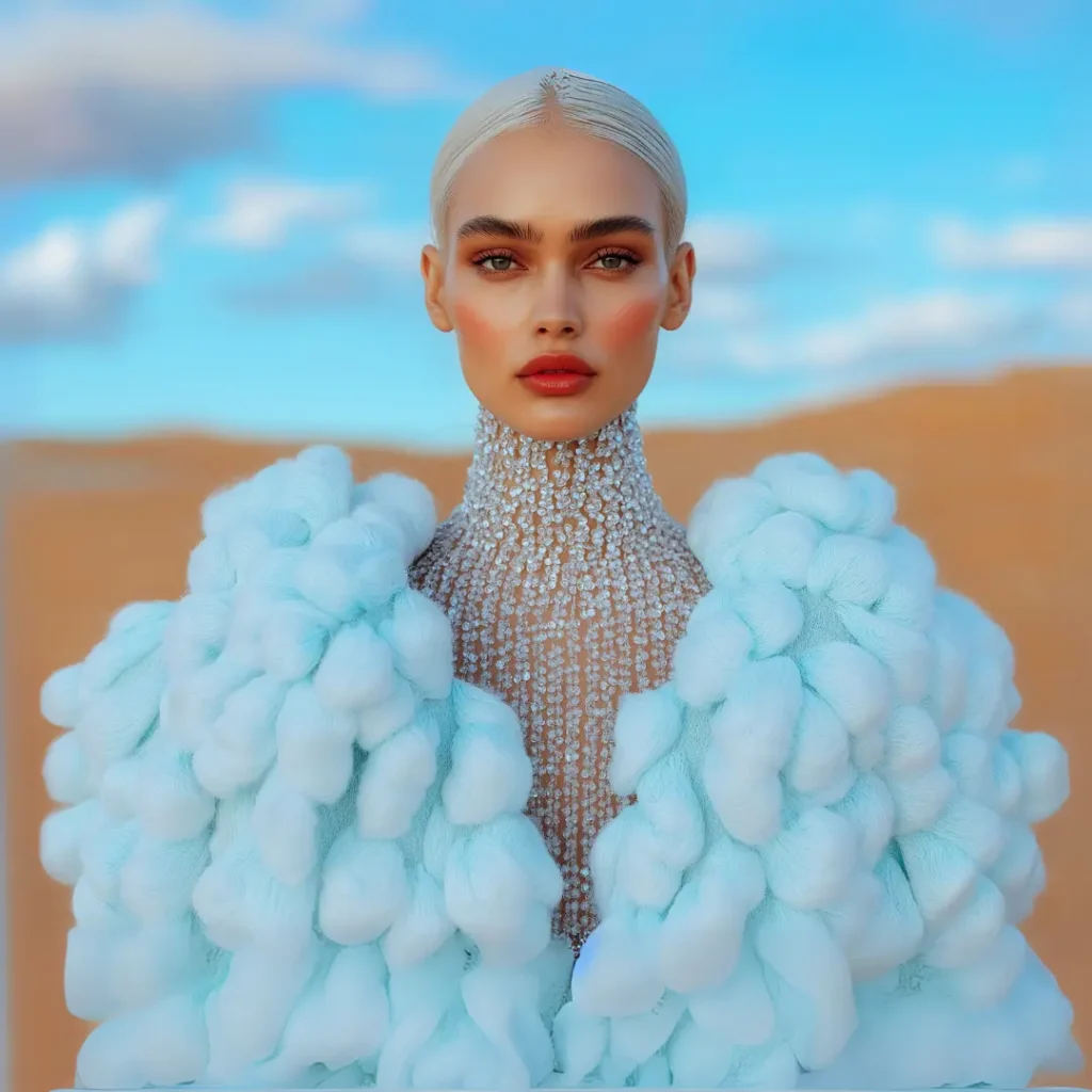 Fashion model in avant-garde crystal and cloud-textured couture against a desert sky