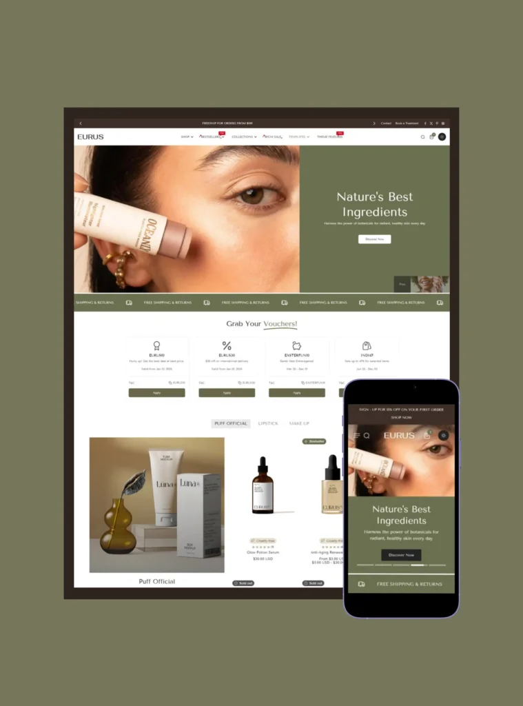 Natural-themed website and mobile design for Eurus skincare brand, featuring earthy tones, close-up skin photography, and botanical-inspired product displays.