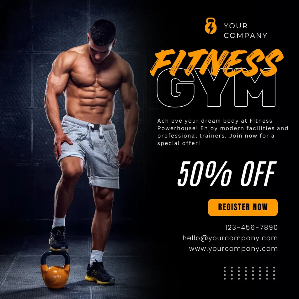 Gym promotion featuring a muscular man standing next to a kettlebell with a 50% off special offer.