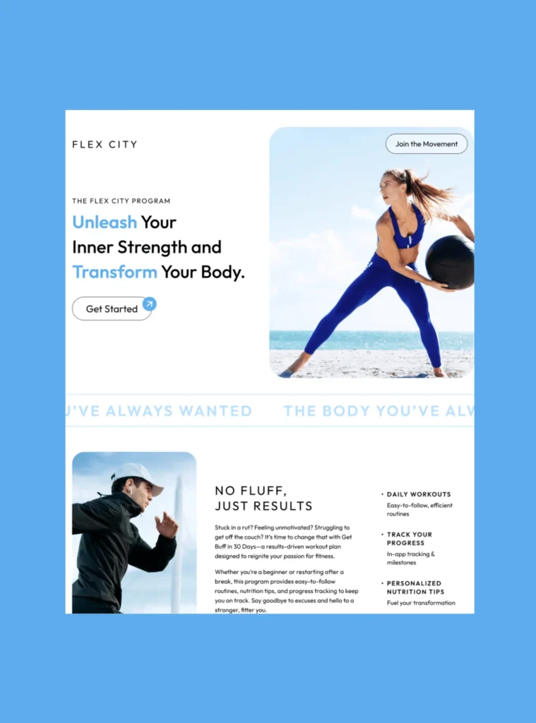 Fitness program promotional page featuring athletic individuals training outdoors, promoting the Flex City workout program.