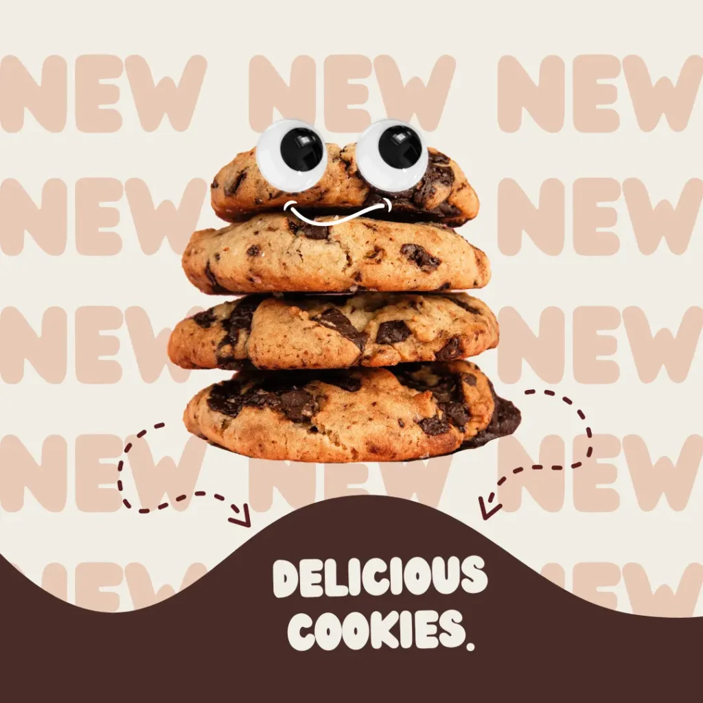 Stack of chocolate chip cookies with cartoon eyes and a smile, promoting new delicious cookies.