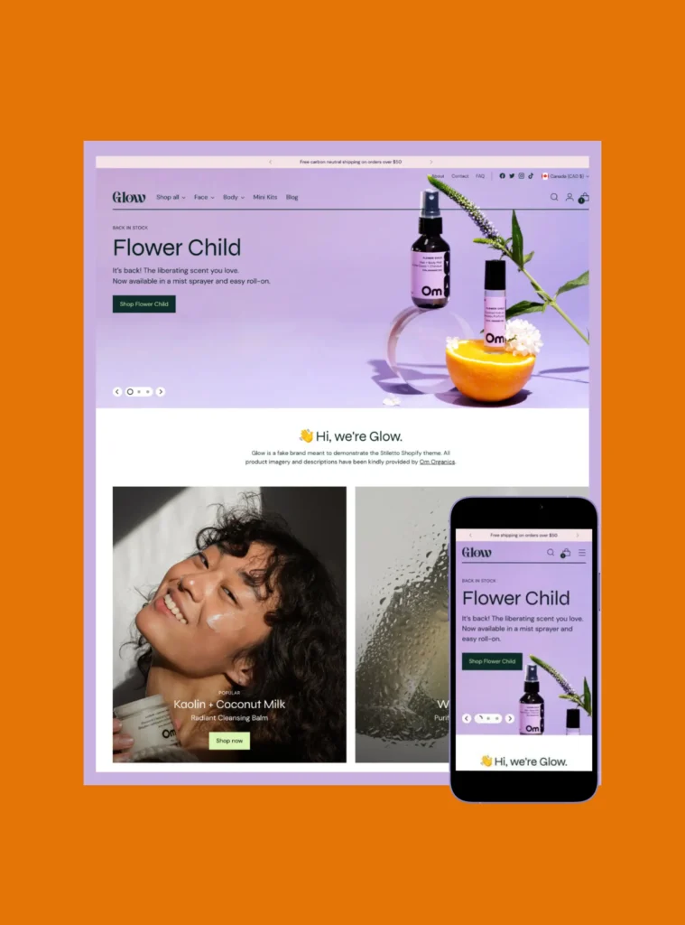Fresh website and mobile design for Glow beauty brand, featuring natural skincare products, clean layouts, and soft pastel color accents.
