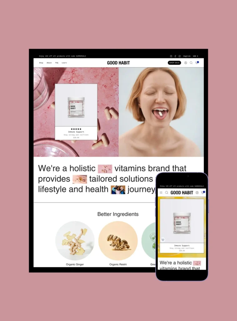 Bright and playful website and mobile design for Good Habit vitamins brand, featuring product images, capsules, and a smiling model on pastel backgrounds.