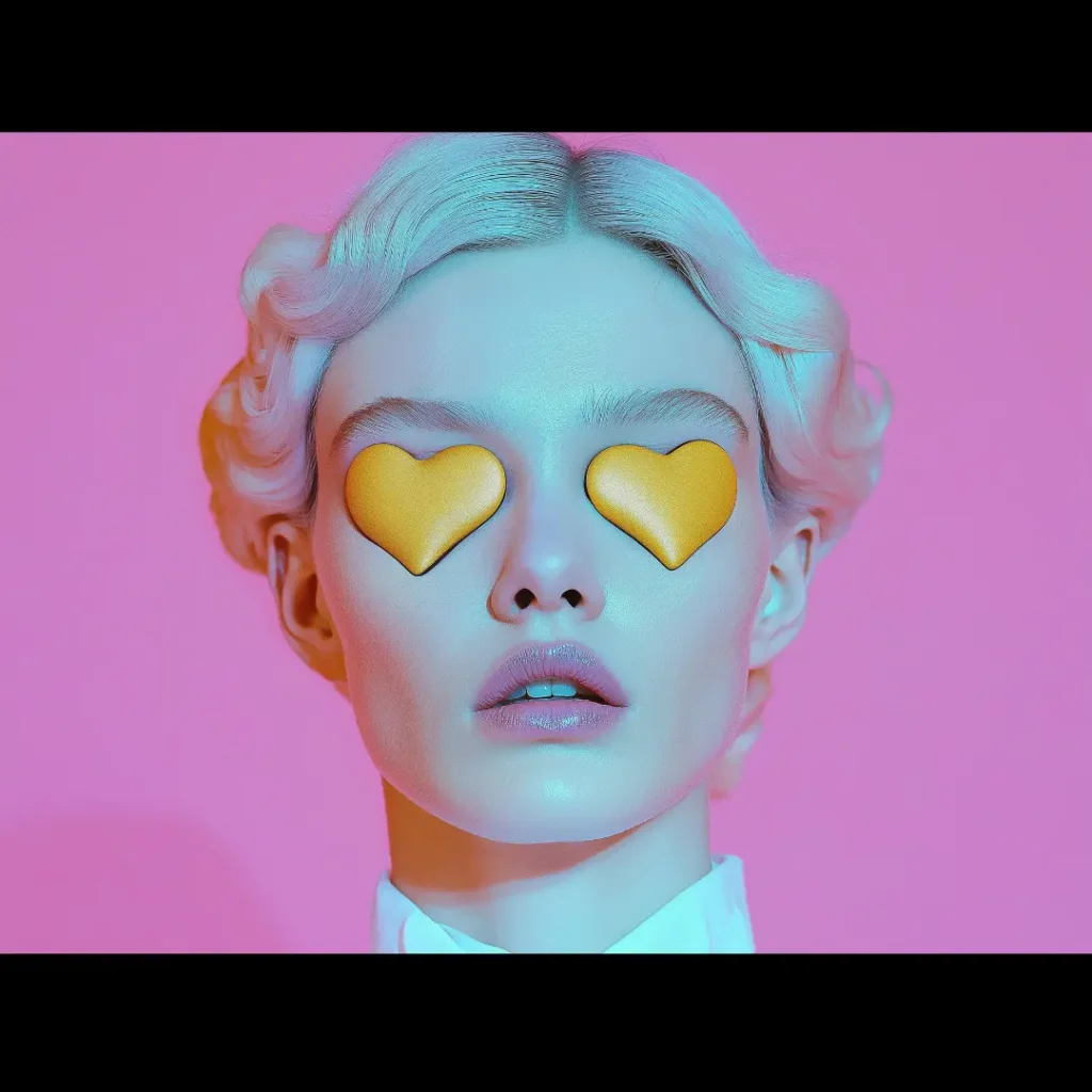 Surreal portrait of a woman with blonde hair and heart-shaped objects covering her eyes against a pink background.