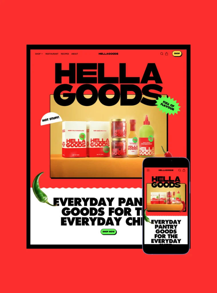 Bold website and mobile layout for HELLA GOODS pantry brand, featuring bright red backgrounds, black text, and product images of sauces and spices.