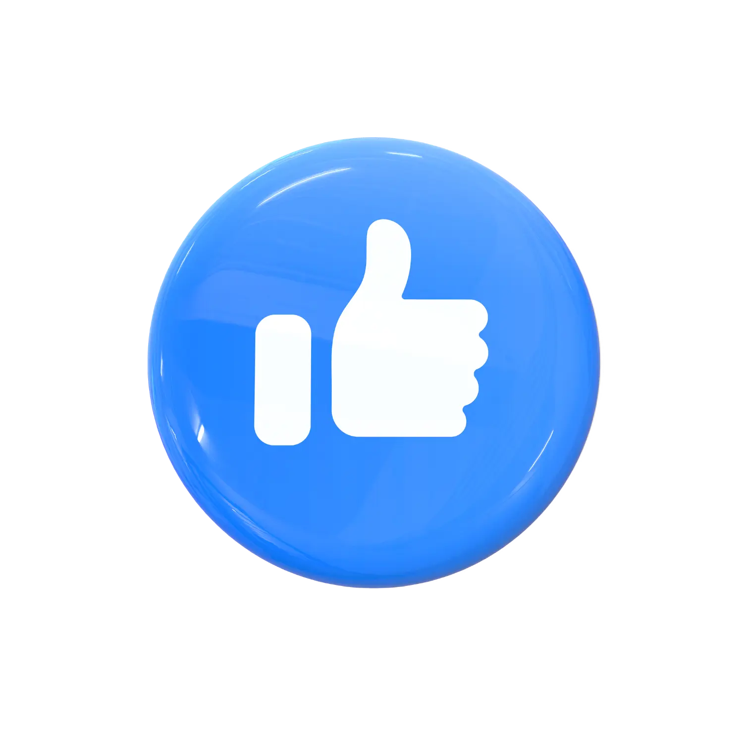 This image features a 3D-style rendering of the Facebook "Like" icon. It shows a white thumbs-up hand symbol centered on a glossy, circular blue button. The surface has a polished shine, giving it a smooth, bubble-like appearance. This icon is universally recognised as Facebook’s signature “like” reaction, symbolising approval, support, or agreement with a post. The vibrant blue and clean white design reflects Facebook’s familiar branding, often used in social media interactions and marketing visuals.