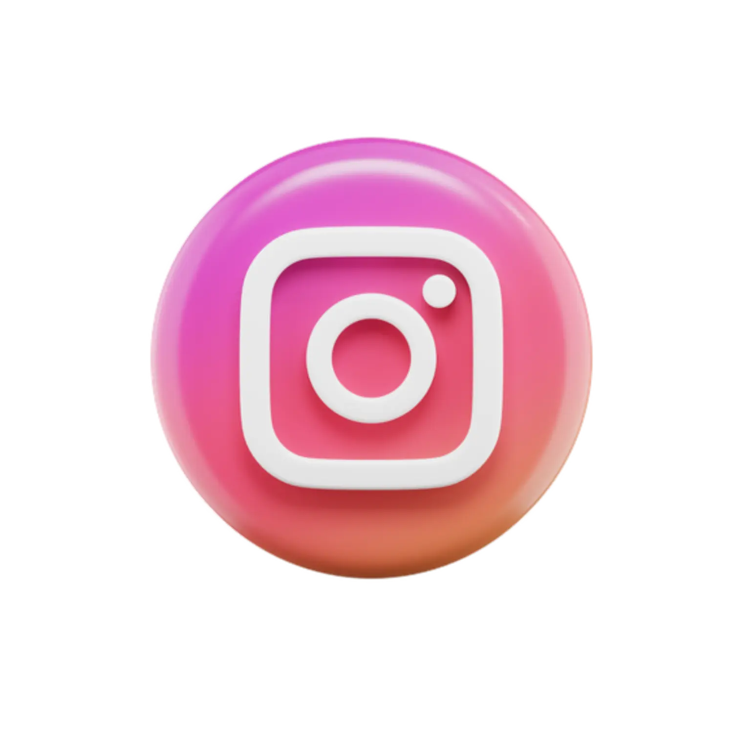 This image displays a 3D-style rendering of the Instagram logo. The design features a white, minimalist camera outline with a rounded square shape, circular lens, and small dot representing the flash or viewfinder. It's centered on a glossy, circular background with a vibrant gradient of pink, purple, and orange, evoking the signature Instagram color palette. The overall look is sleek, modern, and playful—perfectly aligned with Instagram’s branding. The black background enhances the bright, eye-catching colors, giving it a bold and stylish feel.