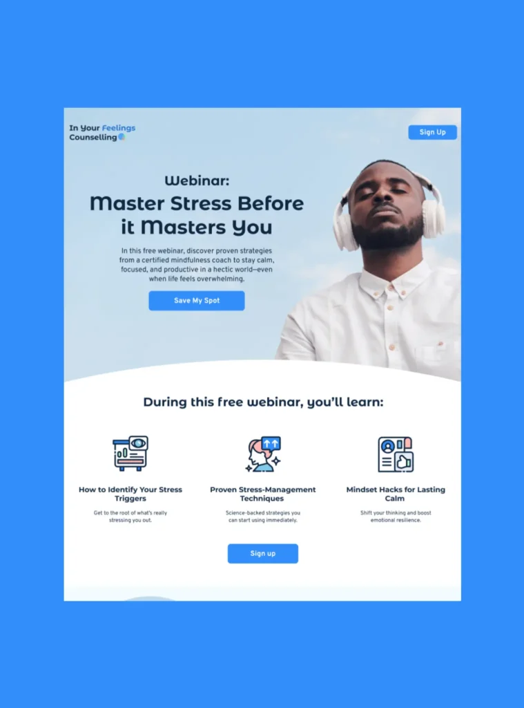 Stress management webinar promotional page featuring a relaxed man listening to headphones and event details from In Your Feelings Counselling.