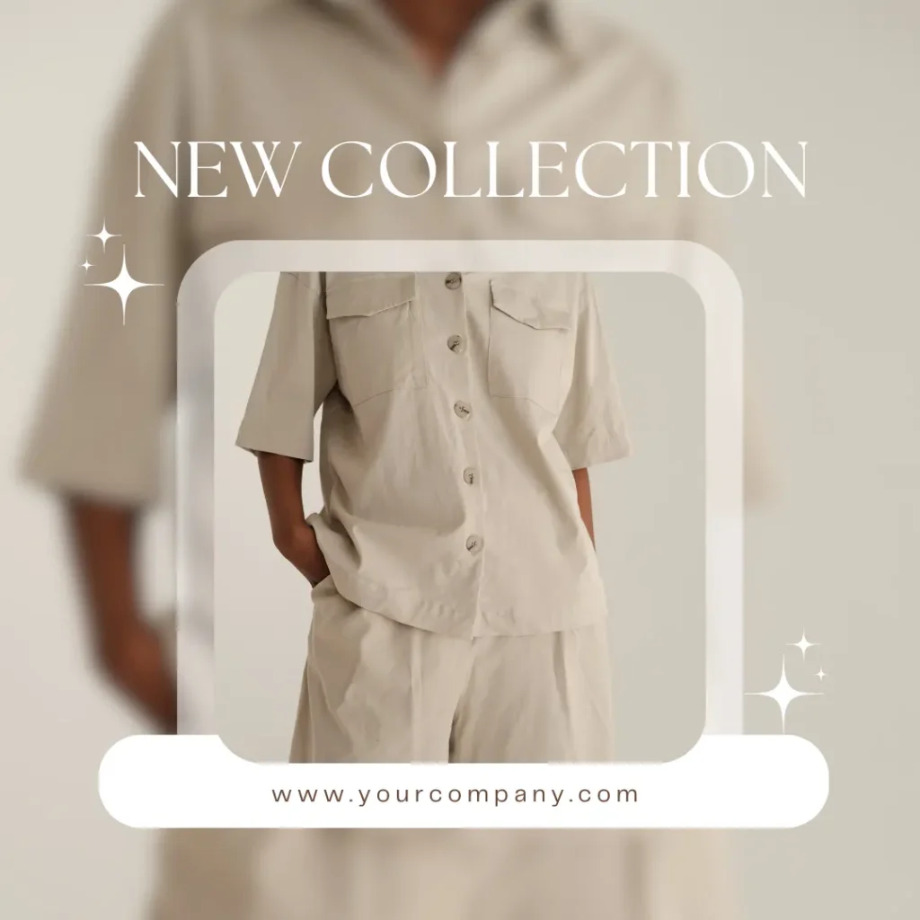 Minimalist fashion promotion featuring a beige button-up shirt and shorts set with "New Collection" text.