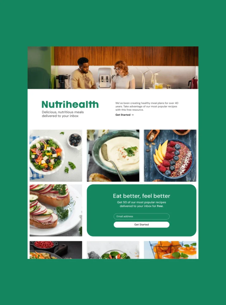 Healthy meal plan promotional page featuring fresh dishes, a signup form, and a focus on nutritious recipes by Nutrihealth.