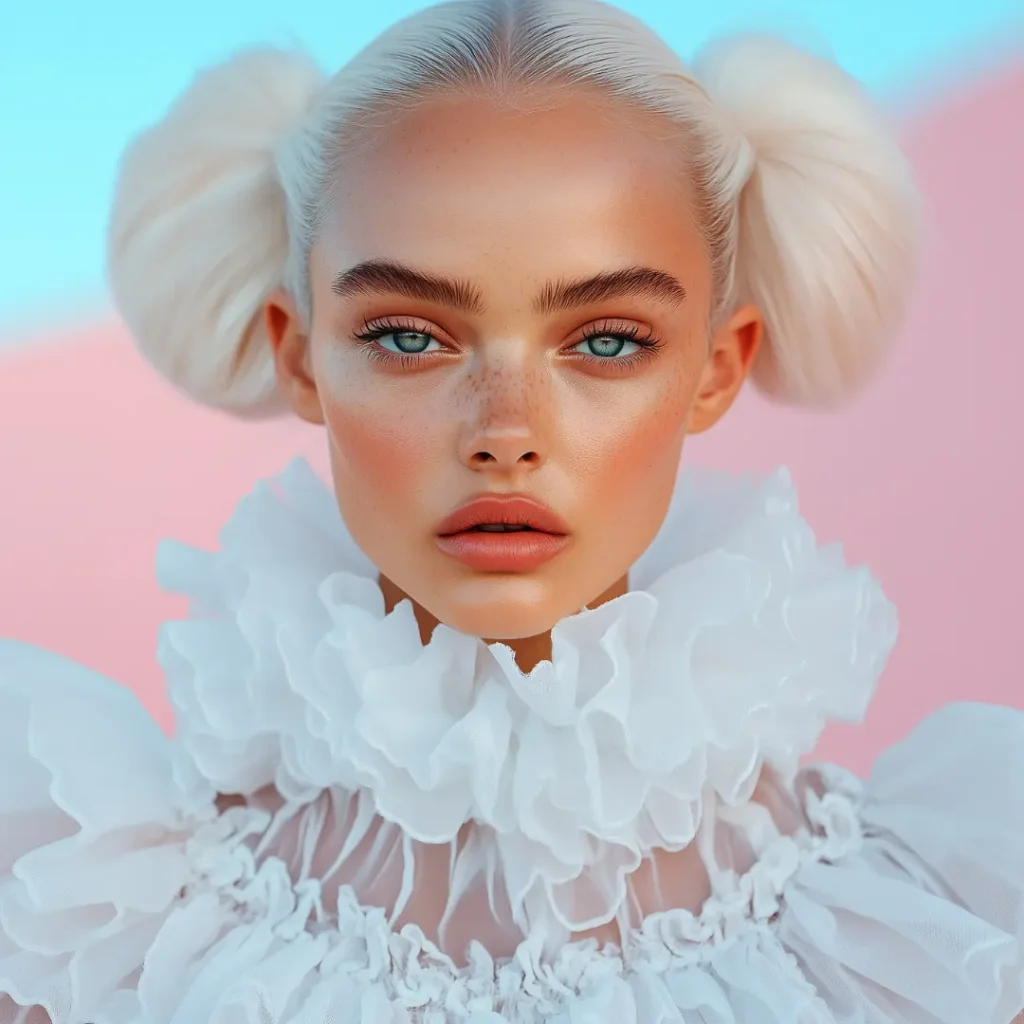 The image shows a highly stylised portrait of a young woman with a surreal, ethereal aesthetic. She has platinum blonde hair styled into two voluminous buns on either side of her head. Her makeup is flawless and doll-like, featuring glowing skin, defined brows, intense blush, and soft coral lips. Freckles are visible across her cheeks and nose, adding a natural contrast to the polished look. She is wearing a dramatic, high-collared, ruffled white outfit made of sheer fabric with layered textures. The background features a dreamy pastel gradient of pink and blue, enhancing the whimsical and futuristic fashion editorial vibe. The entire image has an AI-generated or hyper-retouched appearance, giving it a fantasy-like, almost animated quality.