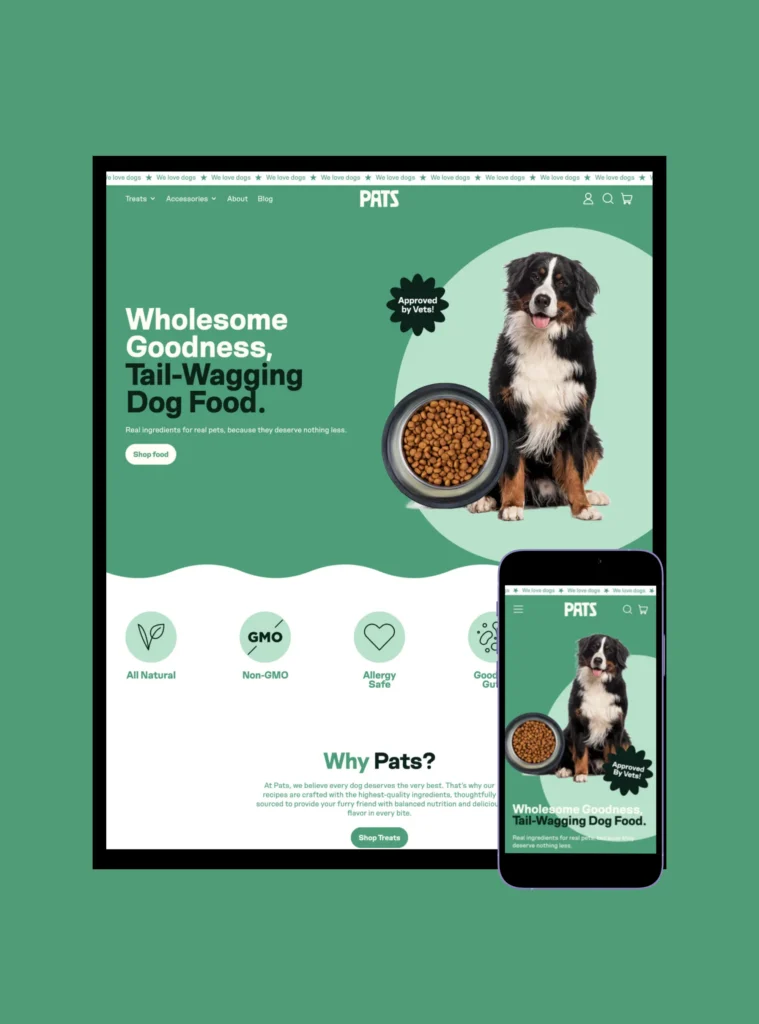 Clean website and mobile design for Pats dog food brand, featuring a Bernese Mountain Dog, a bowl of kibble, and a green natural-themed background.