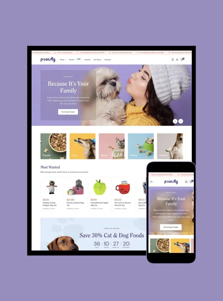 Friendly website and mobile design for Poochy pet brand, featuring a woman and dog, playful pastel colors, and a clean layout showcasing pet foods, toys, and accessories.