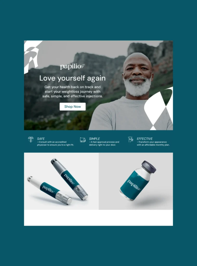 Healthcare product promotional page featuring a smiling man outdoors and medical injection devices branded with Papilio.