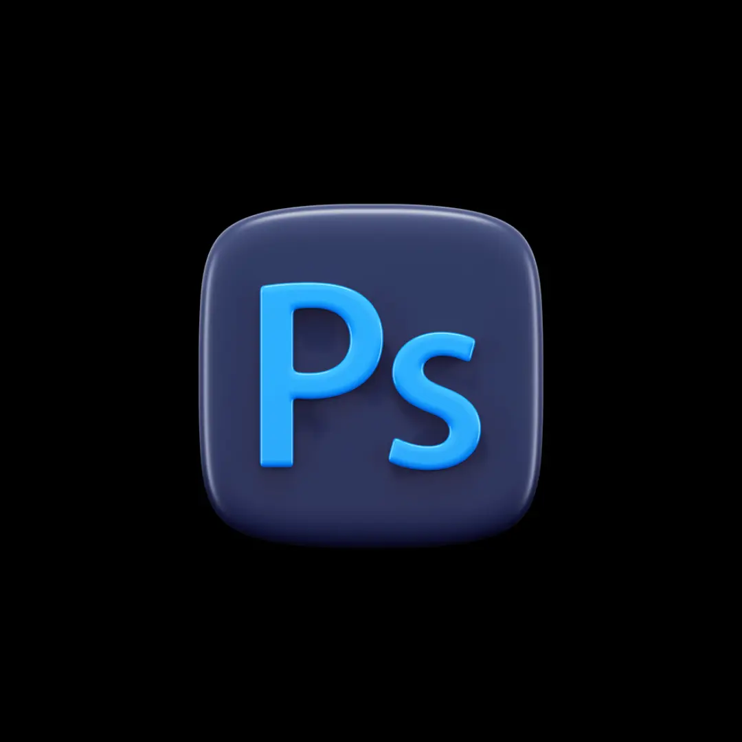 3D Adobe Photoshop logo icon with blue "Ps" text on a dark navy rounded square background.