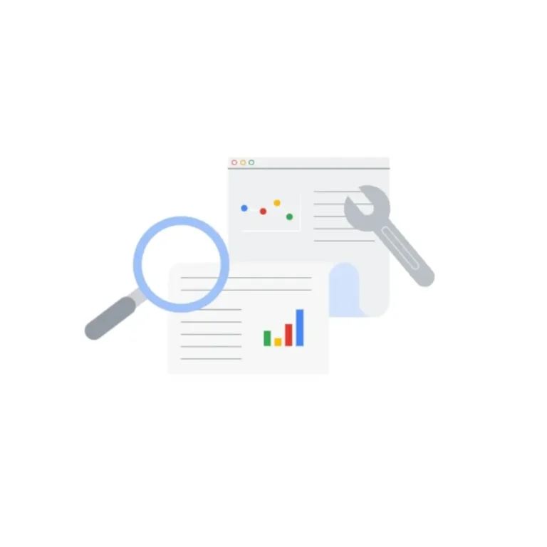 Google Search Console illustration with magnifying glass, chart, and wrench icons