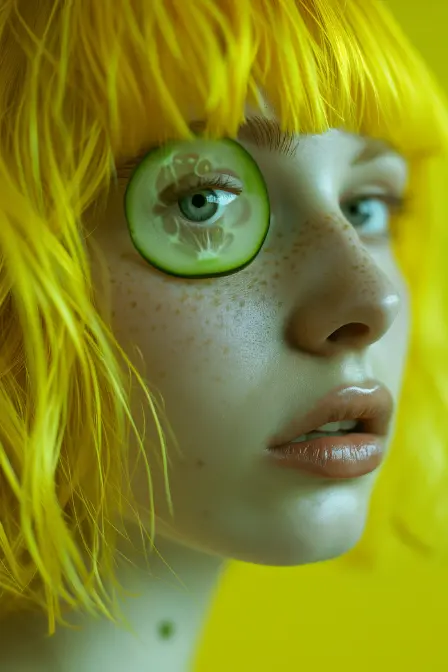 Stylised portrait of a woman with yellow hair and a cucumber slice over one eye