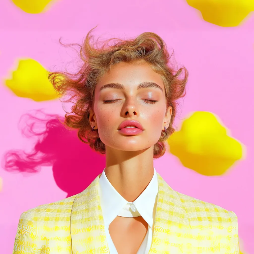 This vibrant image showcases a stylised portrait of a young woman standing against a bold pink background with floating yellow cloud-like shapes scattered throughout. Key visual details: Pose: Her eyes are closed, giving a serene and calm vibe, almost meditative. Hair: Short, wavy, and light brown-blonde, gently blown by the wind for a dynamic effect. Makeup: Soft and dewy, with rosy blush, defined brows, and natural pink lips. Outfit: She wears a yellow patterned blazer over a crisp white shirt, giving off a chic, editorial fashion look. Lighting: Strong and directional, creating sharp shadows behind her that add artistic depth to the composition. The image feels dreamy and fashion-forward with a playful, summery colour palette—ideal for creative campaigns, modern art, or high-concept editorial use.