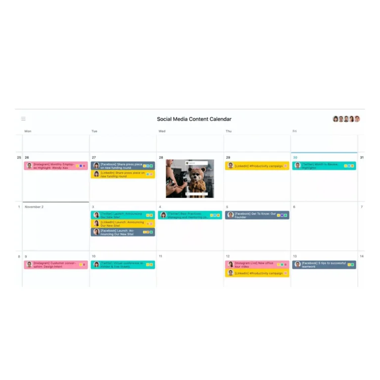 This image shows a Social Media Content Calendar in a visual planner format, likely created using a team collaboration tool such as Notion, Asana, or Monday.com.This kind of layout helps marketing teams plan, track, and execute social media strategies across various channels while staying visually organised and collaborative.