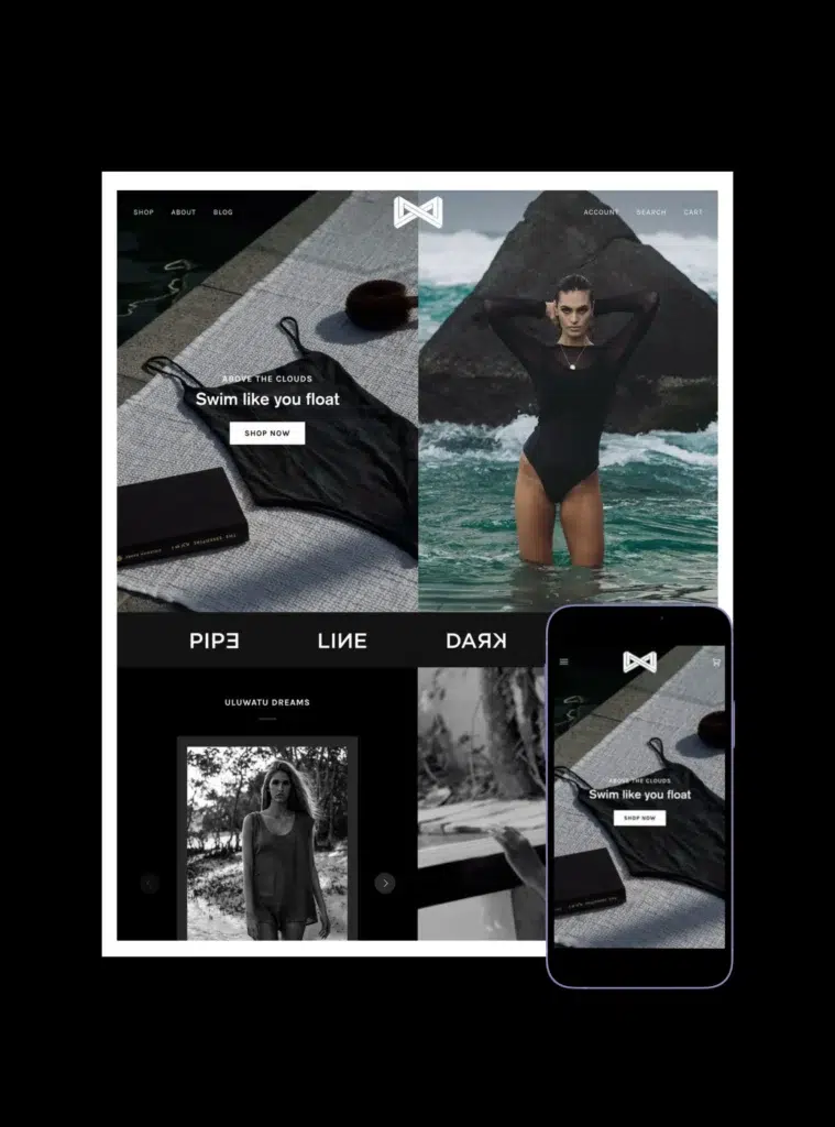 Minimalist website and mobile design for a swimwear brand, featuring a black one-piece swimsuit, ocean photography, and a monochrome color palette.