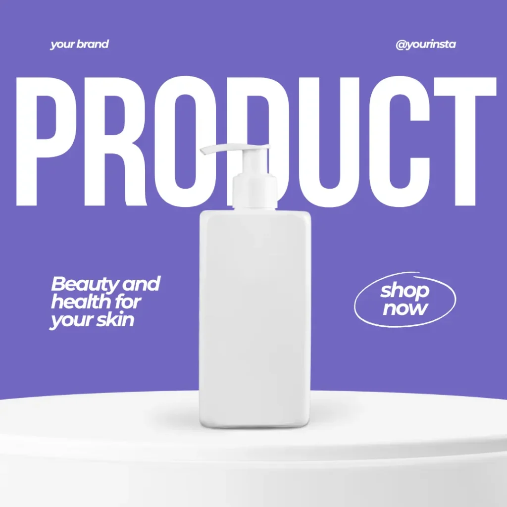 Minimalist skincare product promotion featuring a white pump bottle against a purple background.
