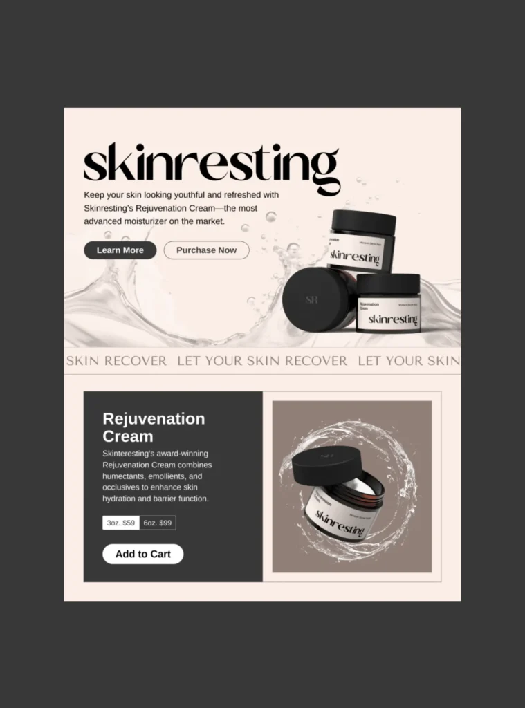 Product page for Skinresting Rejuvenation Cream showcasing moisturizing cream jars with a neutral and minimalist design.