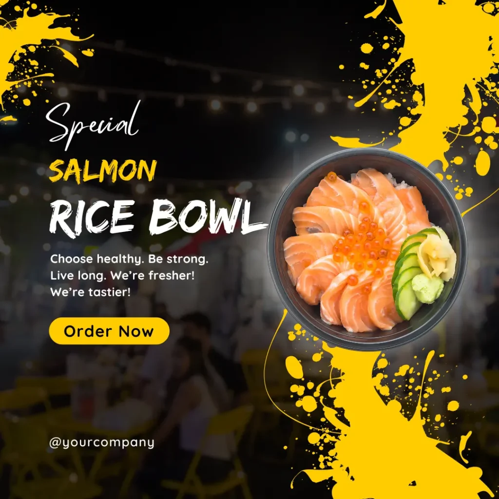 Food promotion featuring a salmon rice bowl with cucumbers and roe against a festive background with yellow paint splashes.