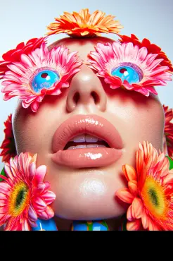 Surreal close-up portrait of a glossy-lipped woman with flowers surrounding her face and vibrant cartoon eyes within the flowers.