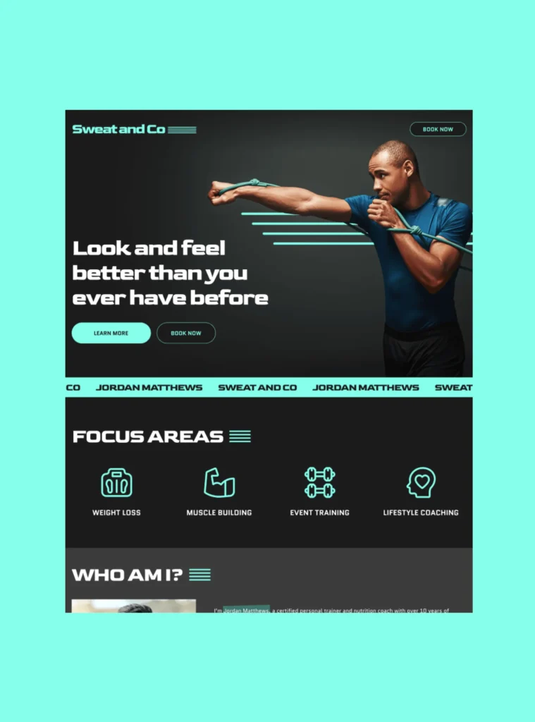 Fitness training website landing page featuring a man using resistance bands and promoting Sweat and Co’s personal coaching services.