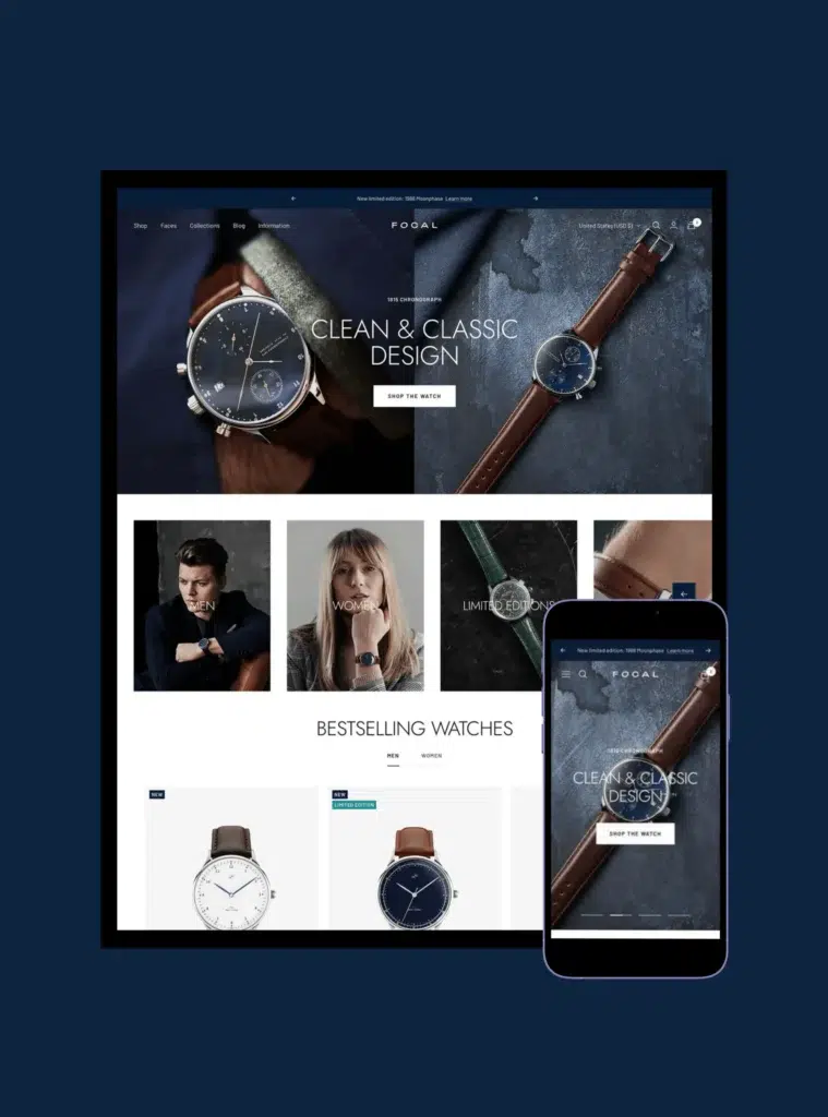 Sophisticated website and mobile design for FOQAL watch brand, featuring luxury timepieces, dark navy tones, and minimalist layouts.