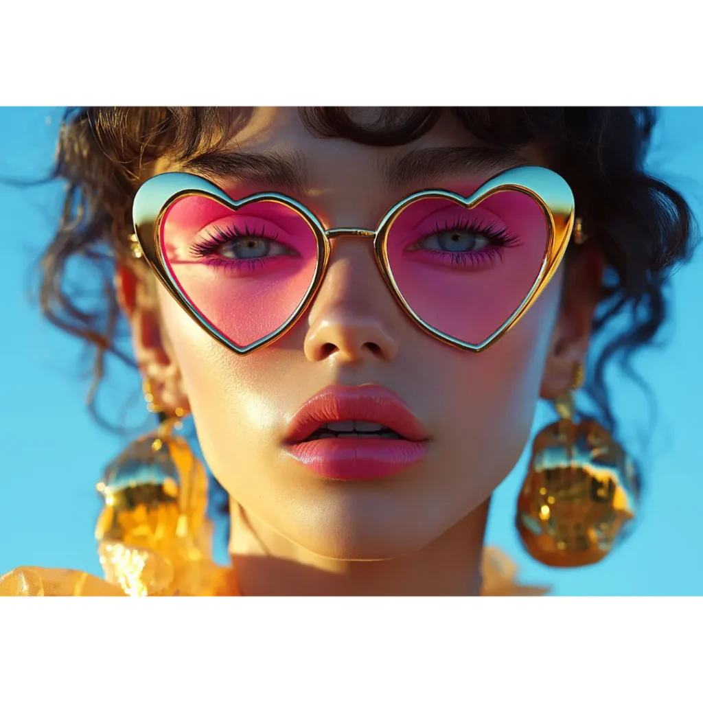 Close-up of a stylish woman wearing heart-shaped pink sunglasses and bold gold earrings against a bright blue sky.