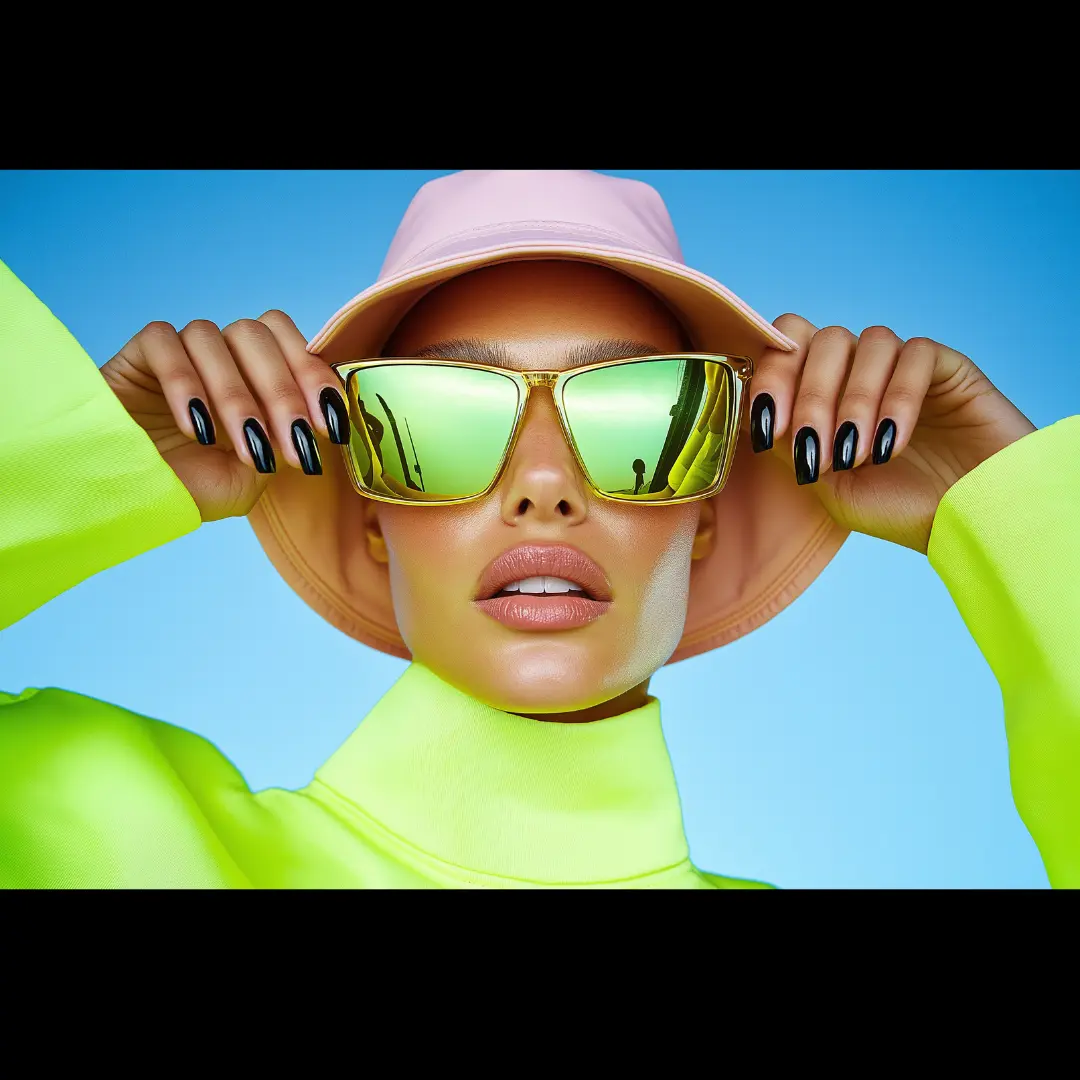 Stylish woman wearing neon green outfit, gold sunglasses, and a pink bucket hat against a bright blue sky.