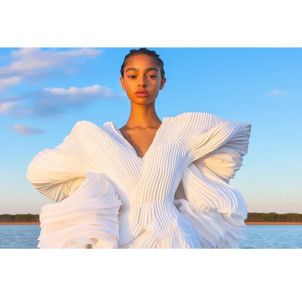 Elegant woman wearing a dramatic white pleated gown standing by the water under a bright blue sky.