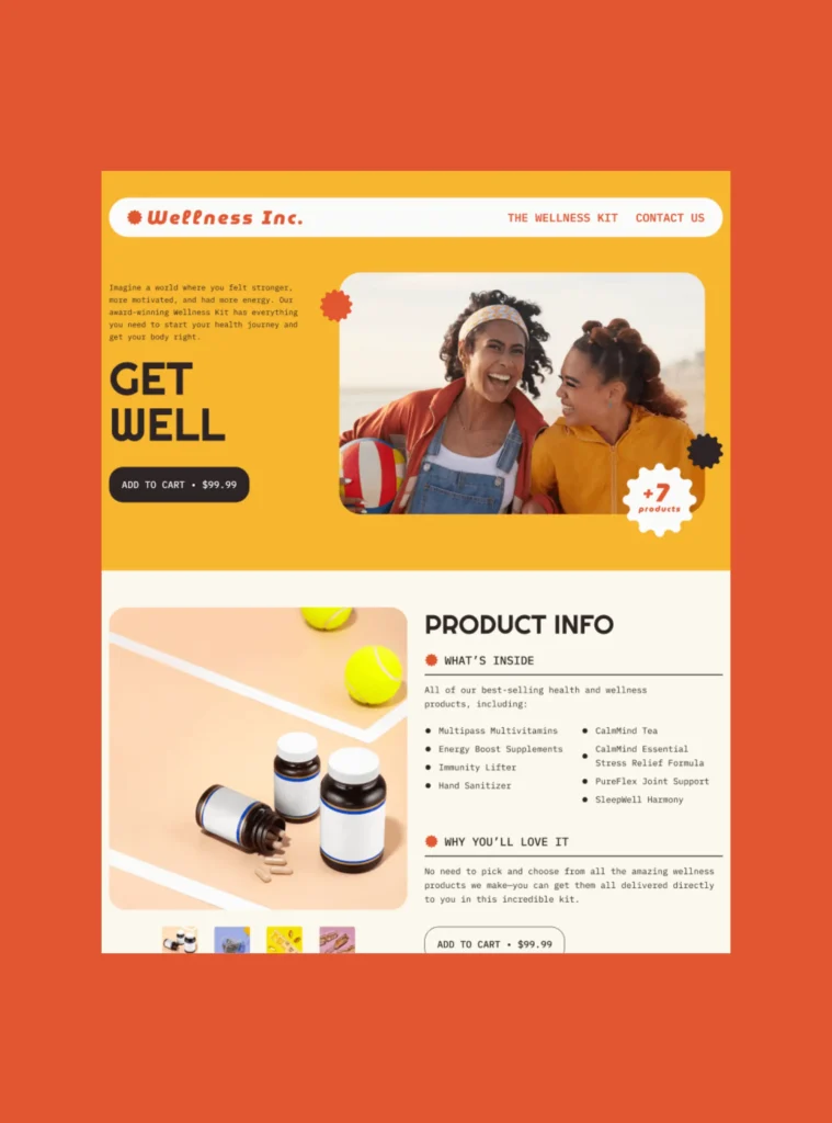 Wellness kit promotional page showcasing health supplements, happy individuals outdoors, and product details in a vibrant orange and yellow design.