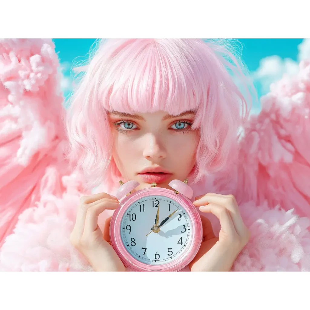 Surreal portrait of a woman with pastel pink hair and angelic wings holding a pink clock against a bright sky.