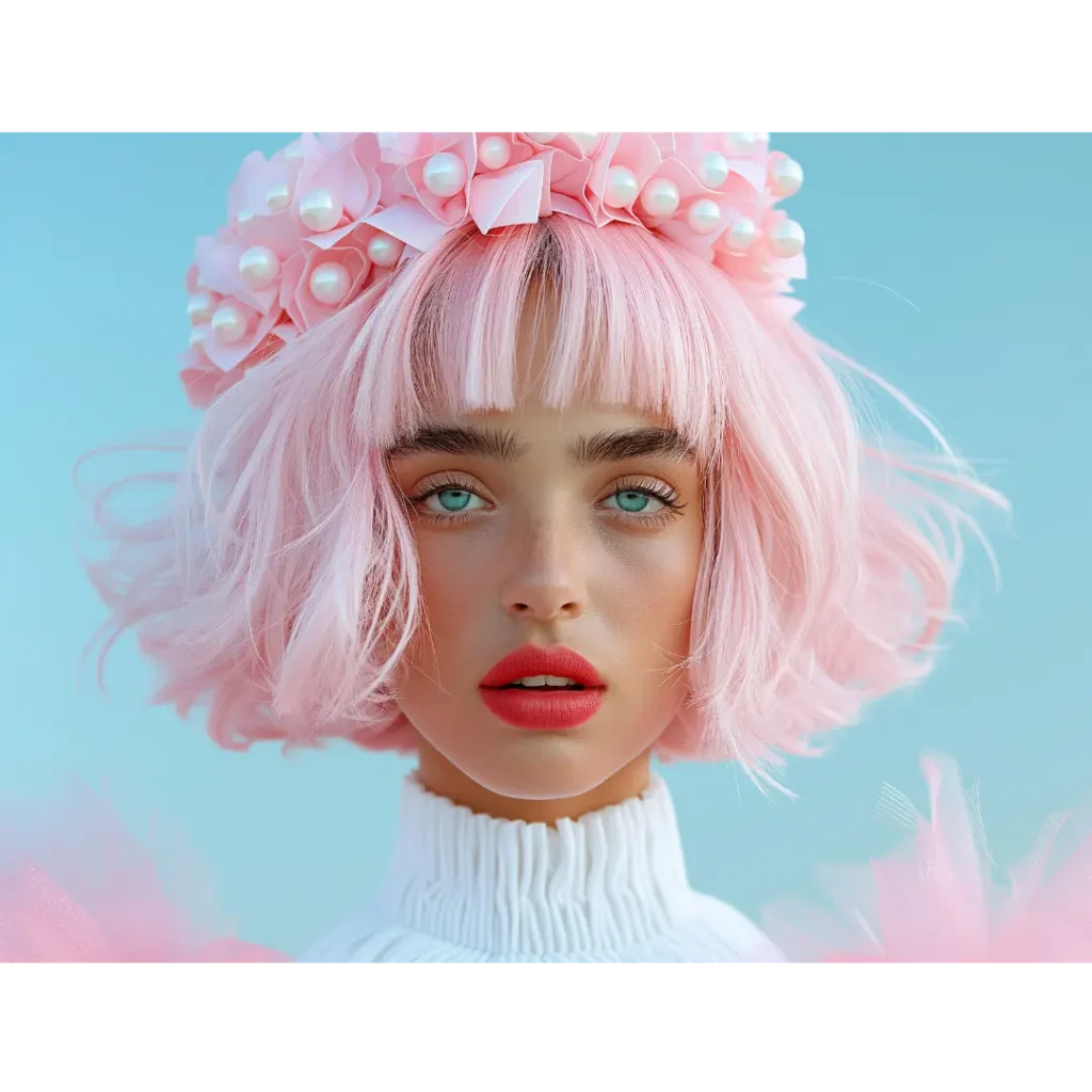 Portrait of a woman with pastel pink hair, pearl-embellished floral headpiece, and bold red lipstick against a blue sky background.