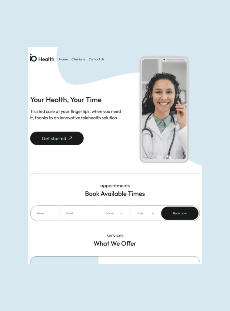 Telehealth website landing page featuring a smiling female doctor on a smartphone screen and a form to book medical appointments online.