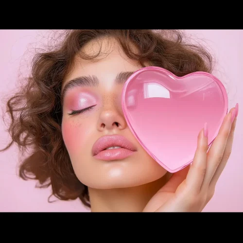 Romantic Beauty Portrait with Pink Heart Portrait of a woman with curly hair and pink makeup holding a glossy pink heart over one eye.