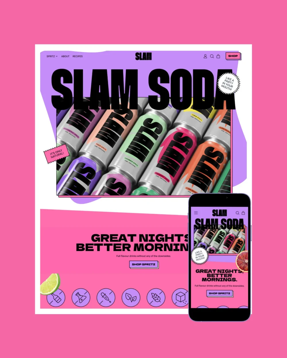 SLAM SODA WEBSITE Colorful website and mobile layout for SLAM Soda, featuring bold black typography, pastel backgrounds, and vibrant soda can imagery.